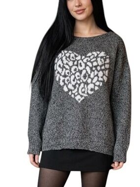 Whimsigoth Express Wool Mohair  Leopard Print Heart Pullover Sweater Women’s S